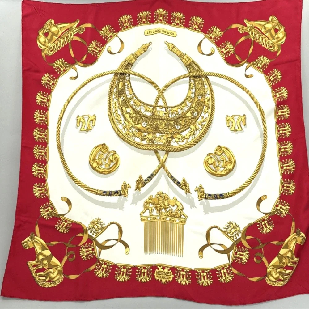 Hermes Scarf Silk Red Gold Les Cavaliers D'Or Horse Print Square Carre 90 VTG